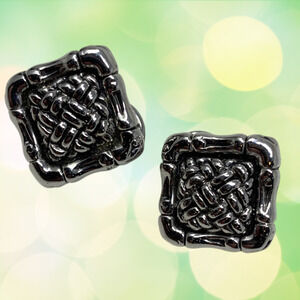 Vintage 1980's Bamboo Basketweave Silver Tone Square Earrings Pierced Retro MX
